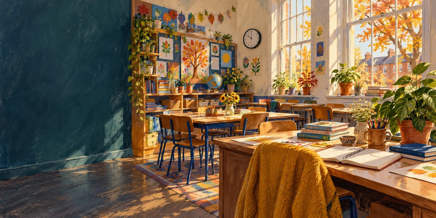 An autumn morning in a British classroom, with tall sash windows, colourful artwork and a sunlit teacher’s desk, painted in gouache.