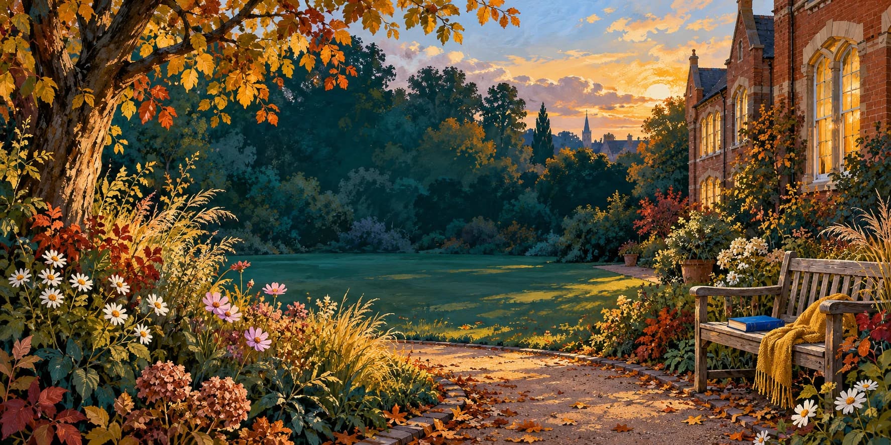 An English school garden at sunset, with autumn leaves, flowers and a book resting on a wooden bench.